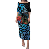 Tui Bird Kakabeak New Zealand Puletasi Clianthus Galaxy Maori Koru Pattern LT22 Long Dress Blue - Polynesian Pride