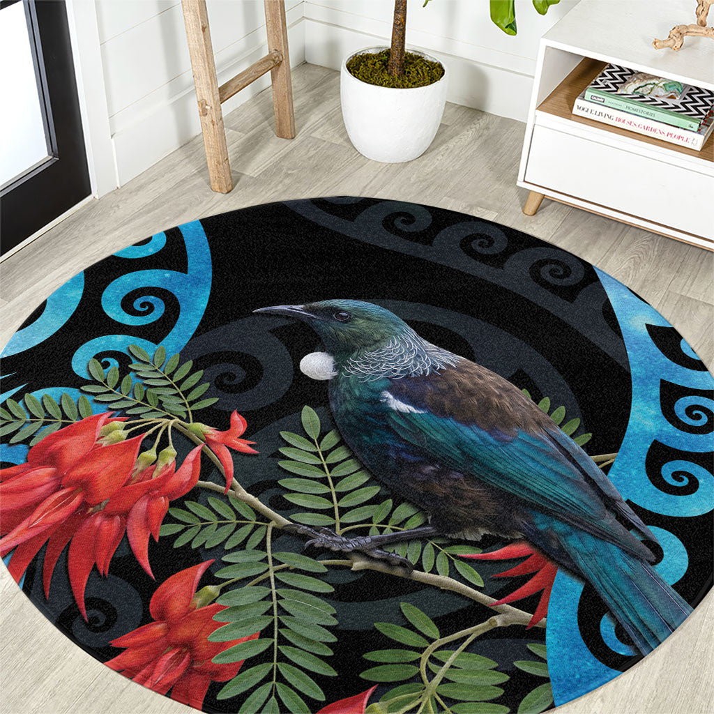 Tui Bird Kakabeak New Zealand Round Carpet Clianthus Galaxy Maori Koru Pattern LT22 Blue - Polynesian Pride