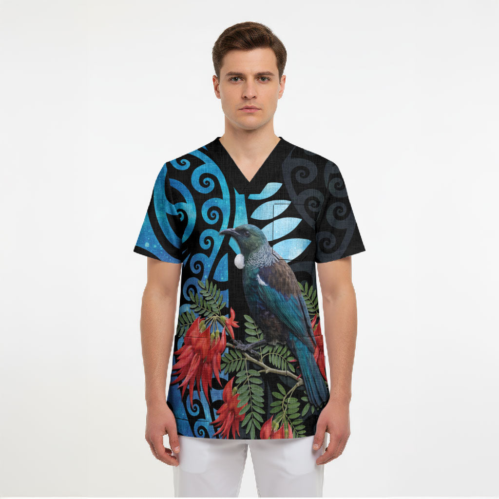 Tui Bird Kakabeak New Zealand Scrub Top Clianthus Galaxy Maori Koru Pattern LT22 - Polynesian Pride