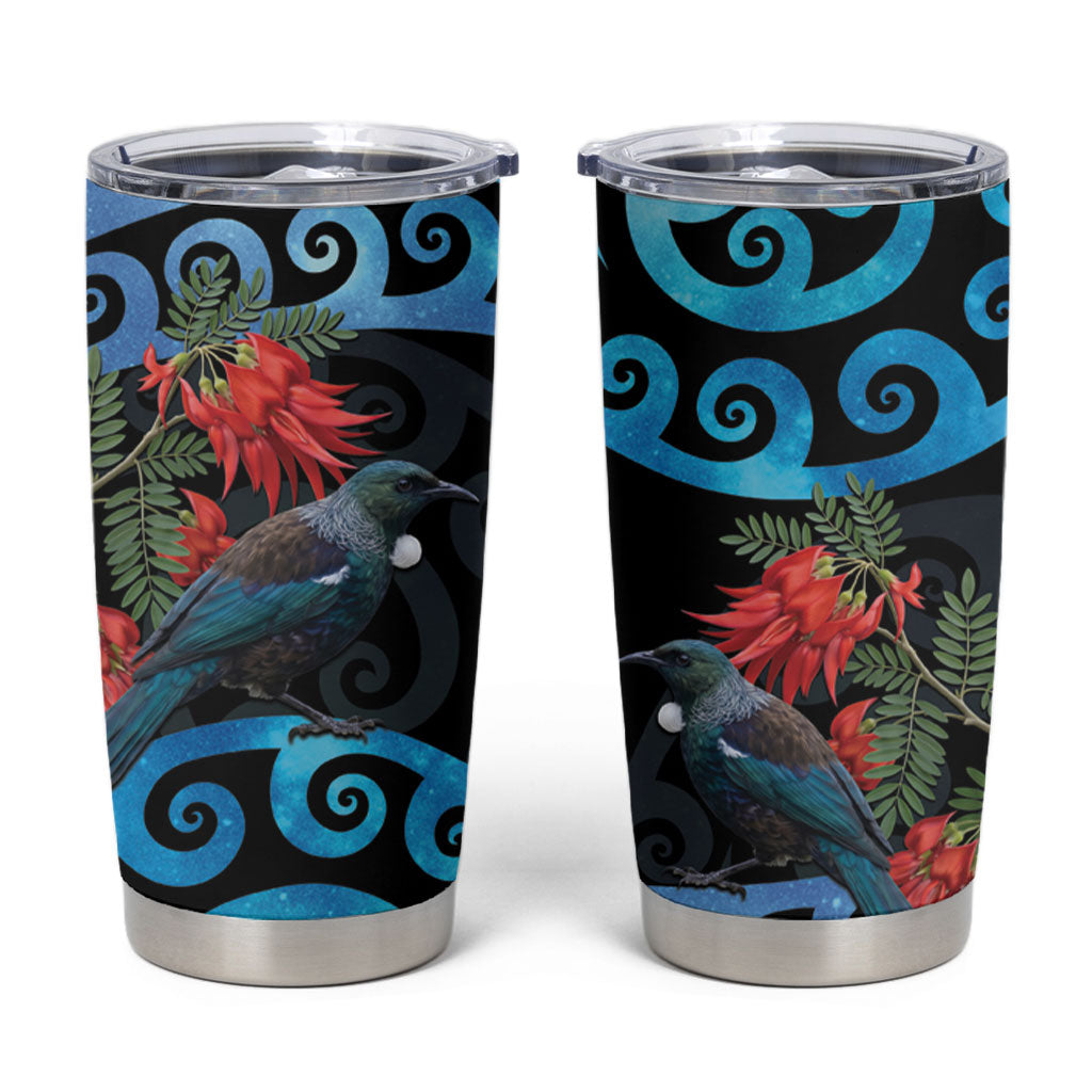 Tui Bird Kakabeak New Zealand Tumbler Cup Clianthus Galaxy Maori Koru Pattern LT22 Blue - Polynesian Pride