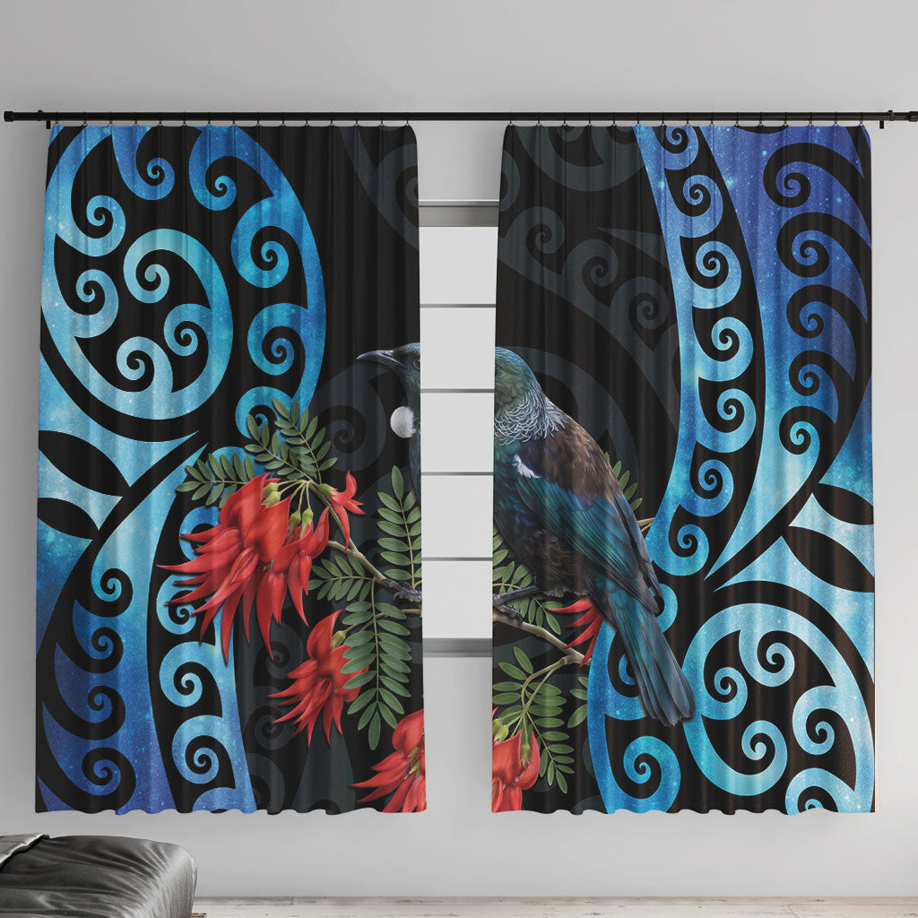 Tui Bird Kakabeak New Zealand Window Curtain Clianthus Galaxy Maori Koru Pattern LT22 With Hooks Blue - Polynesian Pride