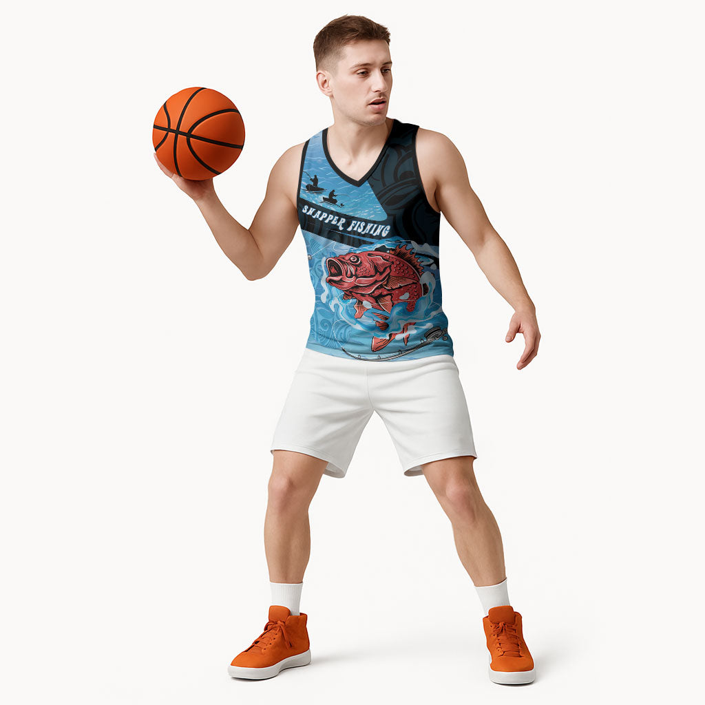 Personalised Snapper Fishing New Zealand Basketball Jersey Tamure Fish Hook Maori Pattern LT22 - Polynesian Pride