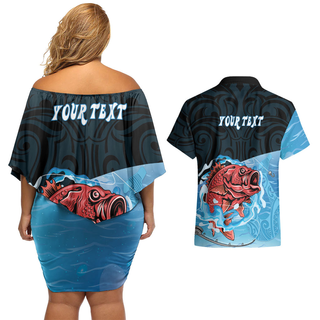 Personalised Snapper Fishing New Zealand Couples Matching Off Shoulder Short Dress and Hawaiian Shirt Tamure Fish Hook Maori Pattern