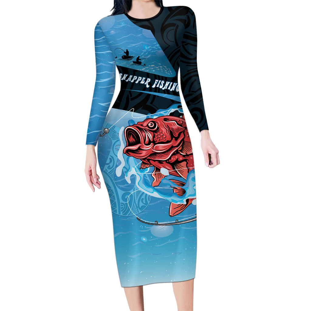 Personalised Snapper Fishing New Zealand Family Matching Long Sleeve Bodycon Dress and Hawaiian Shirt Tamure Fish Hook Maori Pattern