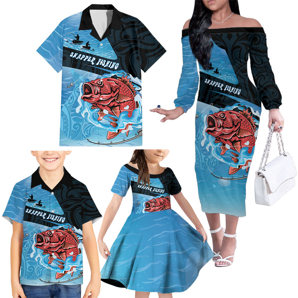 Personalised Snapper Fishing New Zealand Family Matching Off The Shoulder Long Sleeve Dress and Hawaiian Shirt Tamure Fish Hook Maori Pattern
