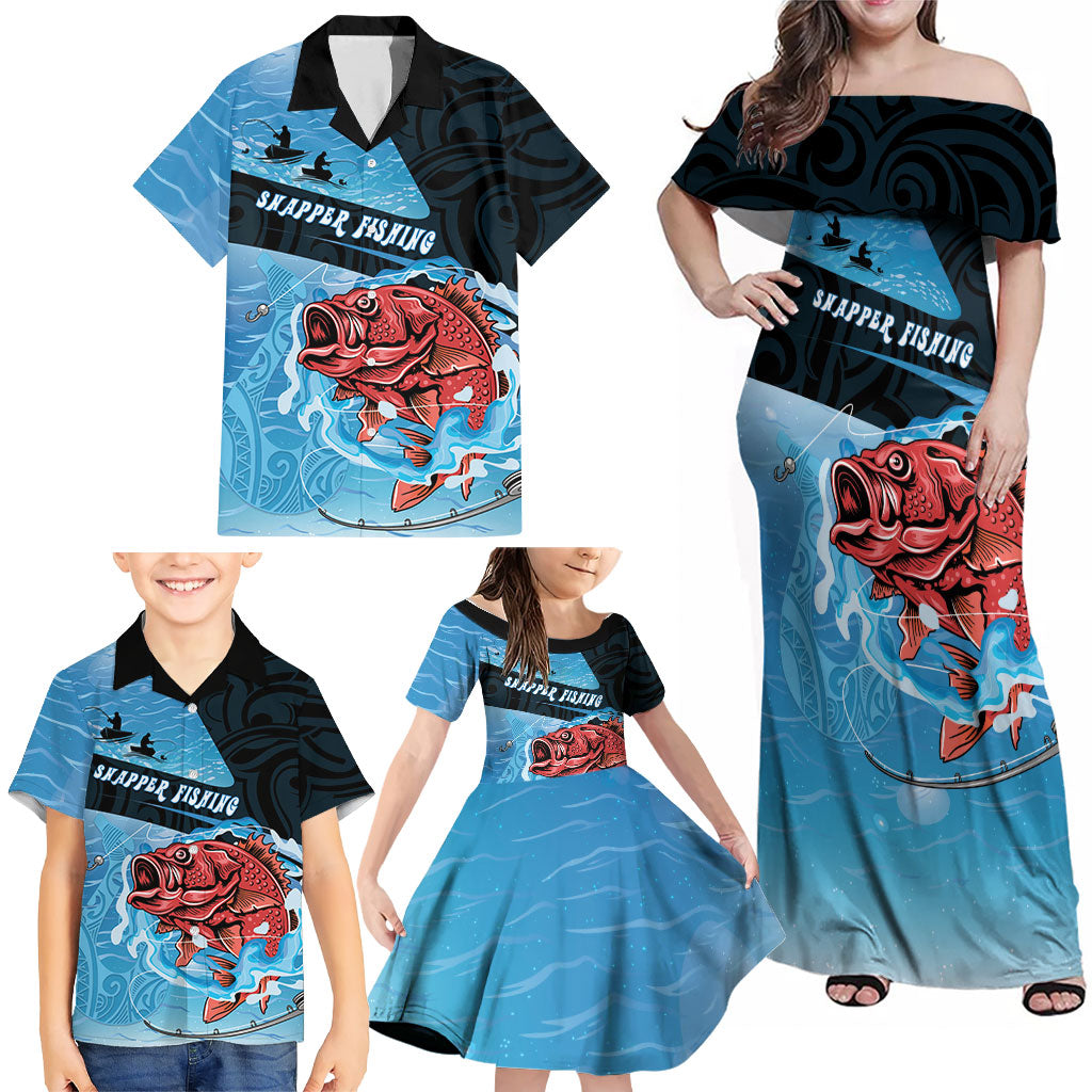 Personalised Snapper Fishing New Zealand Family Matching Off Shoulder Maxi Dress and Hawaiian Shirt Tamure Fish Hook Maori Pattern