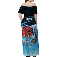Personalised Snapper Fishing New Zealand Family Matching Off Shoulder Maxi Dress and Hawaiian Shirt Tamure Fish Hook Maori Pattern