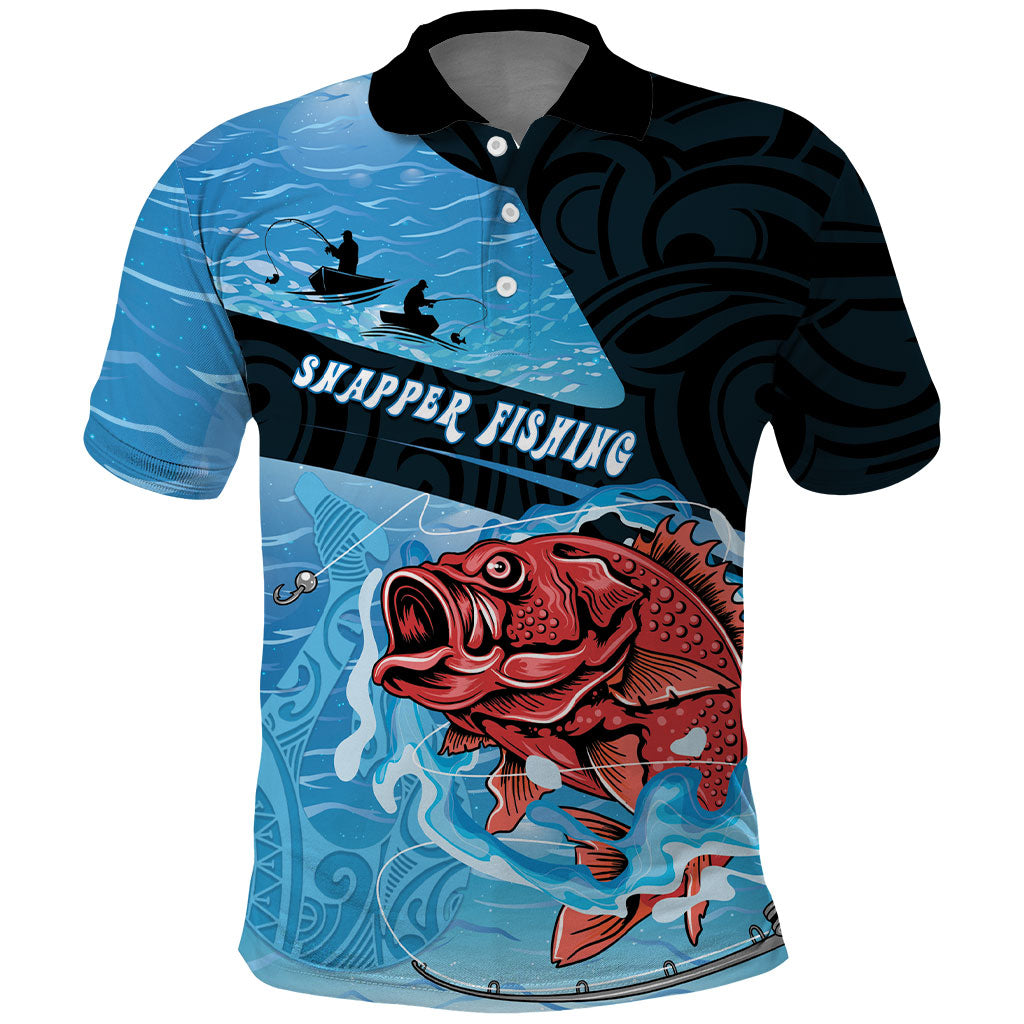 Personalised Snapper Fishing New Zealand Polo Shirt Tamure Fish Hook Maori Pattern LT22 Blue - Polynesian Pride