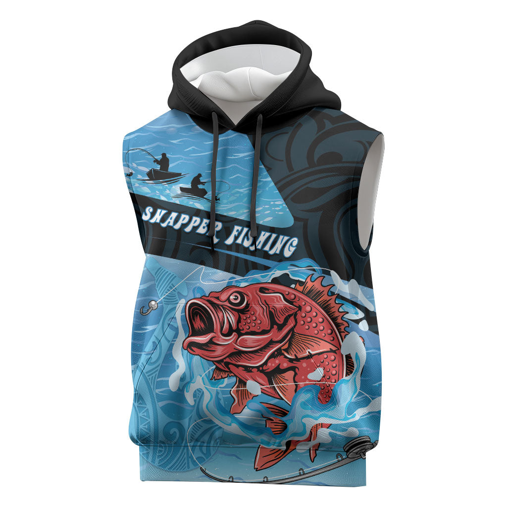 Personalised Snapper Fishing New Zealand Sleeveless Hoodie Tamure Fish Hook Maori Pattern LT22 Blue - Polynesian Pride