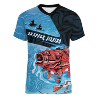 Personalised Snapper Fishing New Zealand Women V-Neck T-Shirt Tamure Fish Hook Maori Pattern