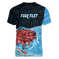 Personalised Snapper Fishing New Zealand Women V-Neck T-Shirt Tamure Fish Hook Maori Pattern