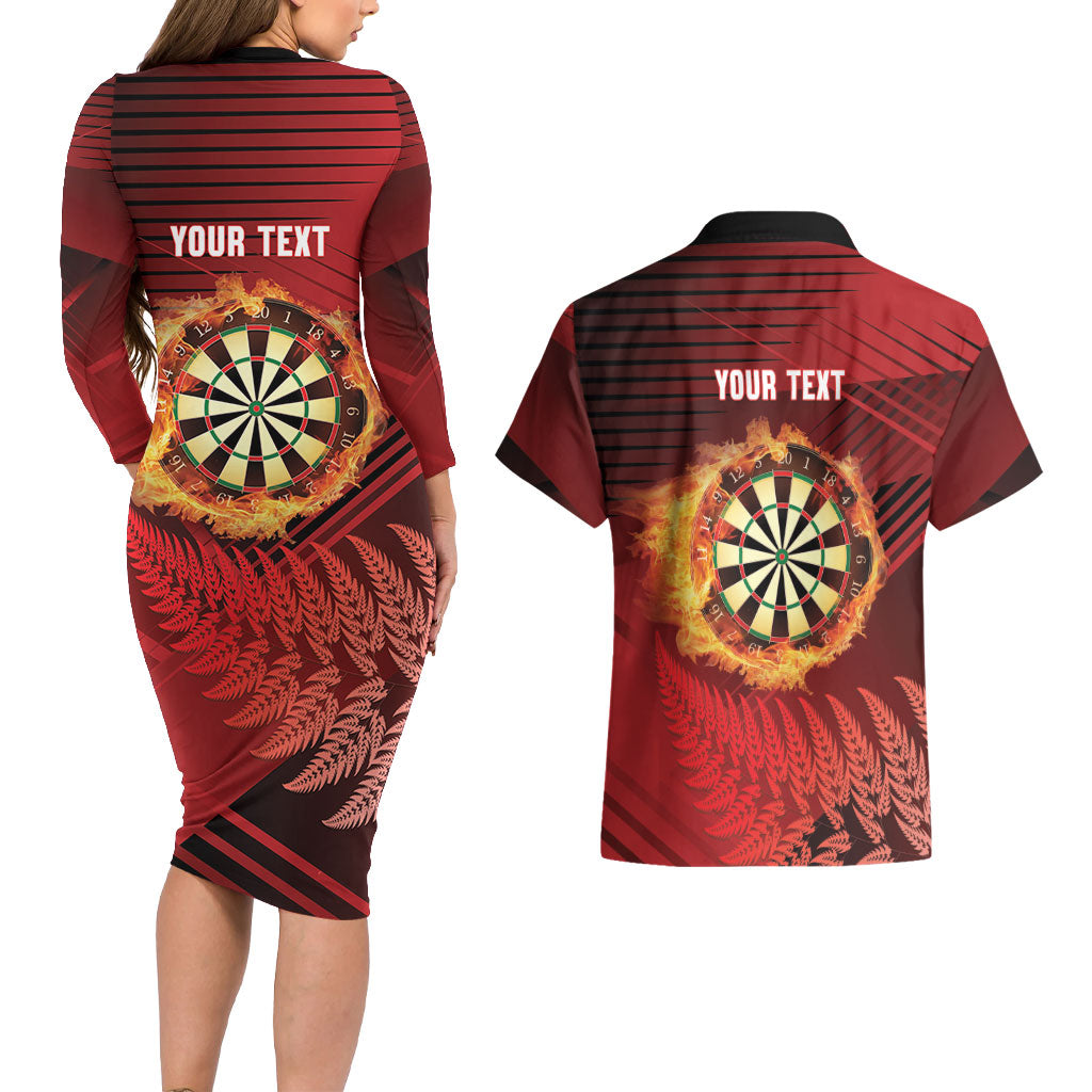 Personalised Darts New Zealand Couples Matching Long Sleeve Bodycon Dress and Hawaiian Shirt Silver Fern Red Color