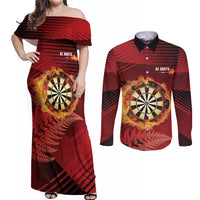 Personalised Darts New Zealand Couples Matching Off Shoulder Maxi Dress and Long Sleeve Button Shirt Silver Fern Red Color