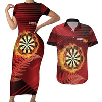 Personalised Darts New Zealand Couples Matching Short Sleeve Bodycon Dress and Hawaiian Shirt Silver Fern Red Color