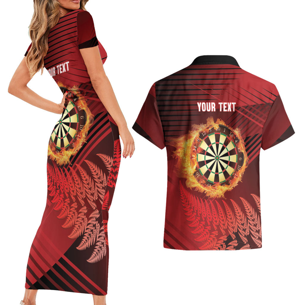 Personalised Darts New Zealand Couples Matching Short Sleeve Bodycon Dress and Hawaiian Shirt Silver Fern Red Color