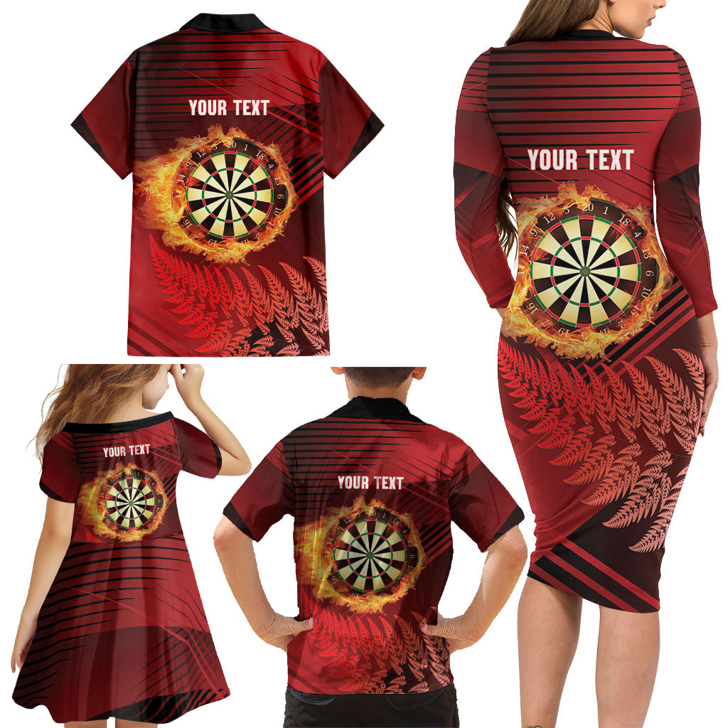 Personalised Darts New Zealand Family Matching Long Sleeve Bodycon Dress and Hawaiian Shirt Silver Fern Red Color