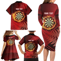 Personalised Darts New Zealand Family Matching Long Sleeve Bodycon Dress and Hawaiian Shirt Silver Fern Red Color