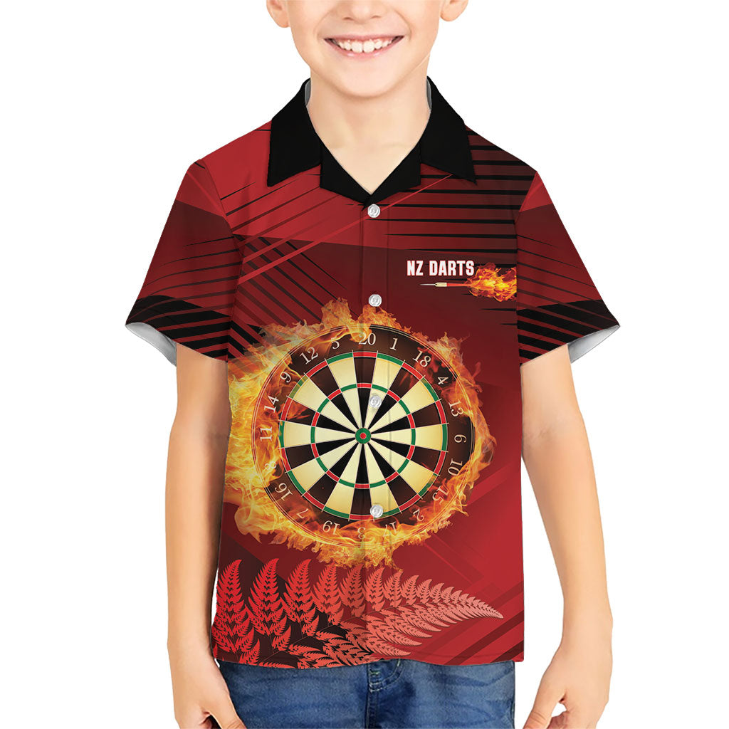 Personalised Darts New Zealand Family Matching Off The Shoulder Long Sleeve Dress and Hawaiian Shirt Silver Fern Red Color