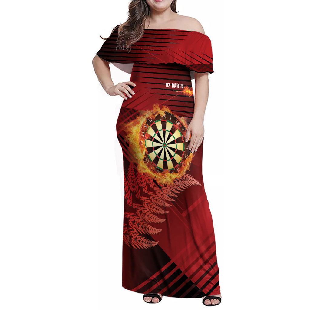 Personalised Darts New Zealand Family Matching Off Shoulder Maxi Dress and Hawaiian Shirt Silver Fern Red Color