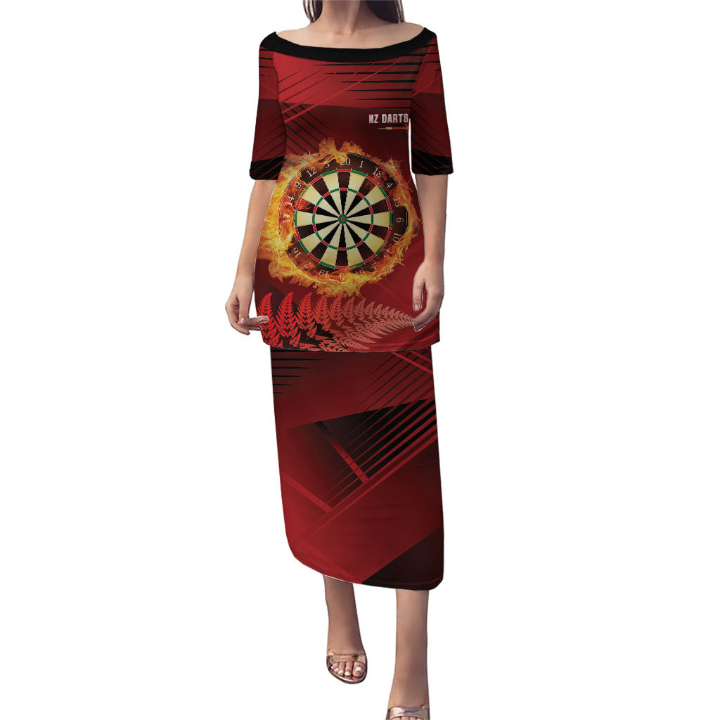 Personalised Darts New Zealand Puletasi Silver Fern Red Color LT22 Long Dress Red - Polynesian Pride