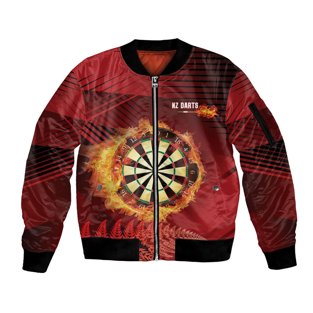 Personalised Darts New Zealand Sleeve Zip Bomber Jacket Silver Fern Red Color LT22 Unisex Red - Polynesian Pride