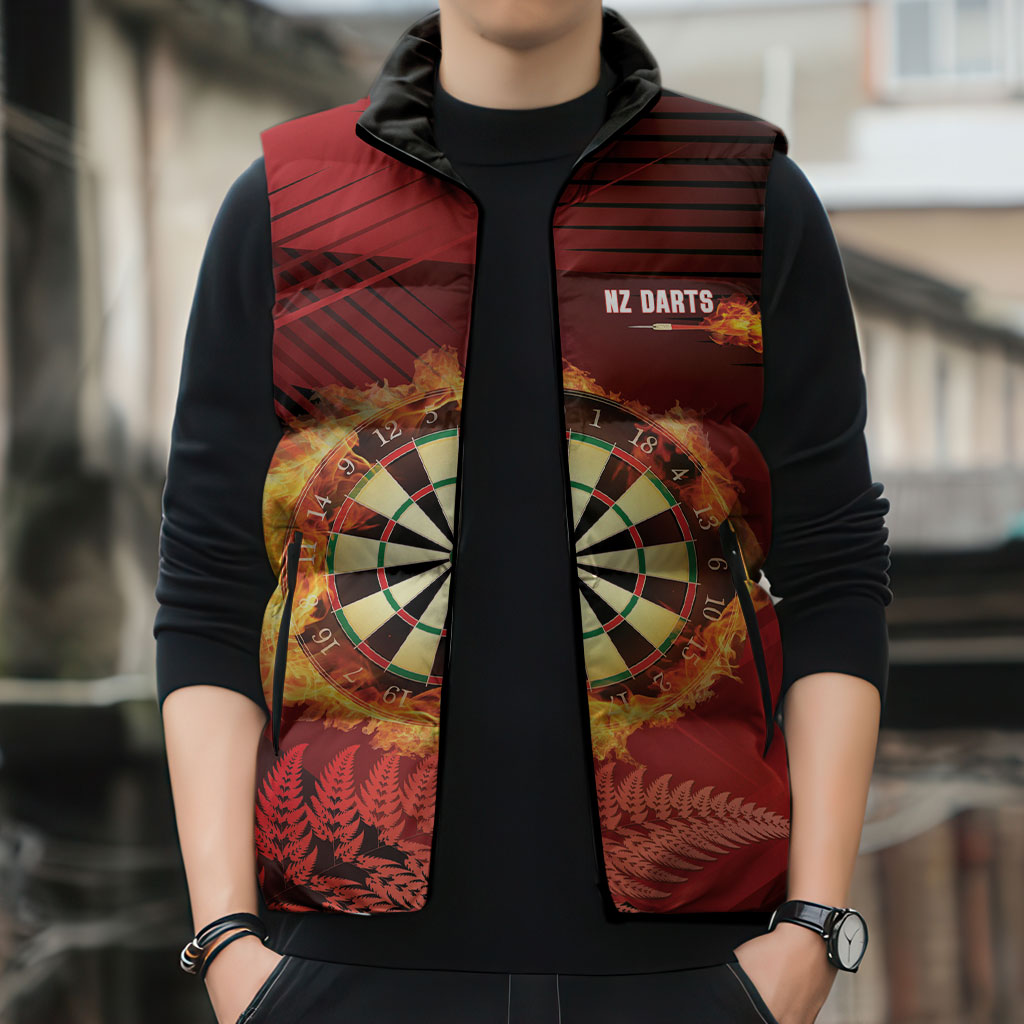 Personalised Darts New Zealand Sleeveless Puffer Jacket Silver Fern Red Color LT22 - Polynesian Pride