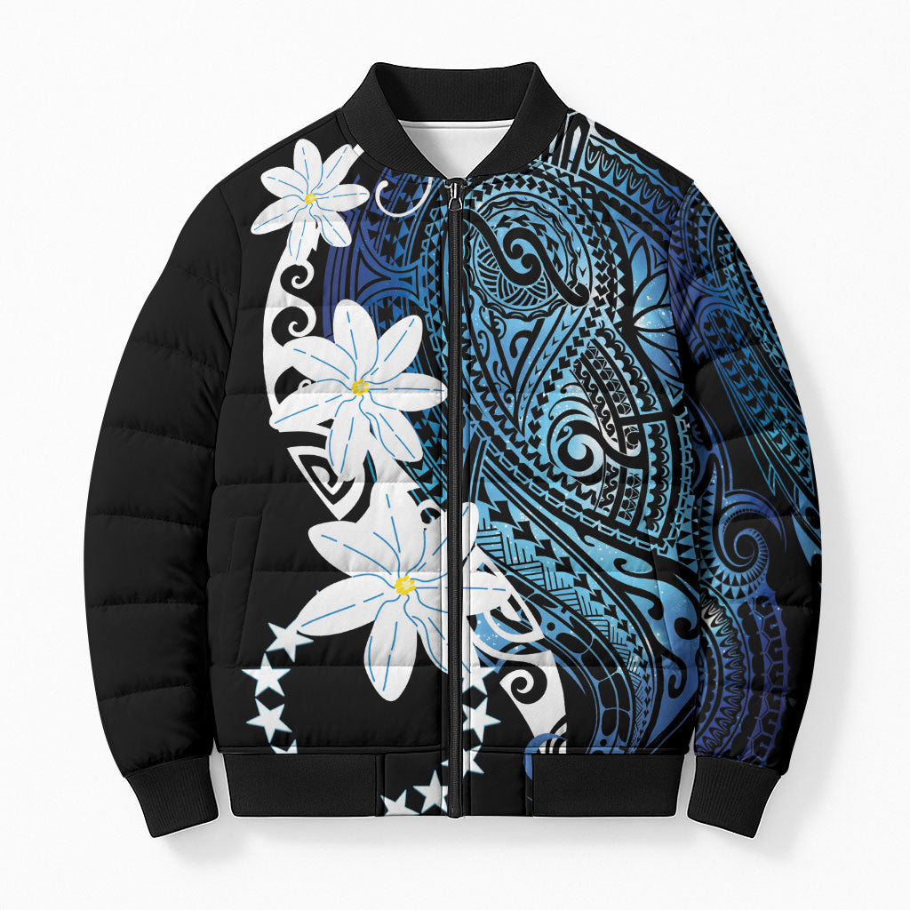 Cook Islands Maori Language Week Bomber Puffer Jacket Tiare Maori Kuki Airani Blue Pattern