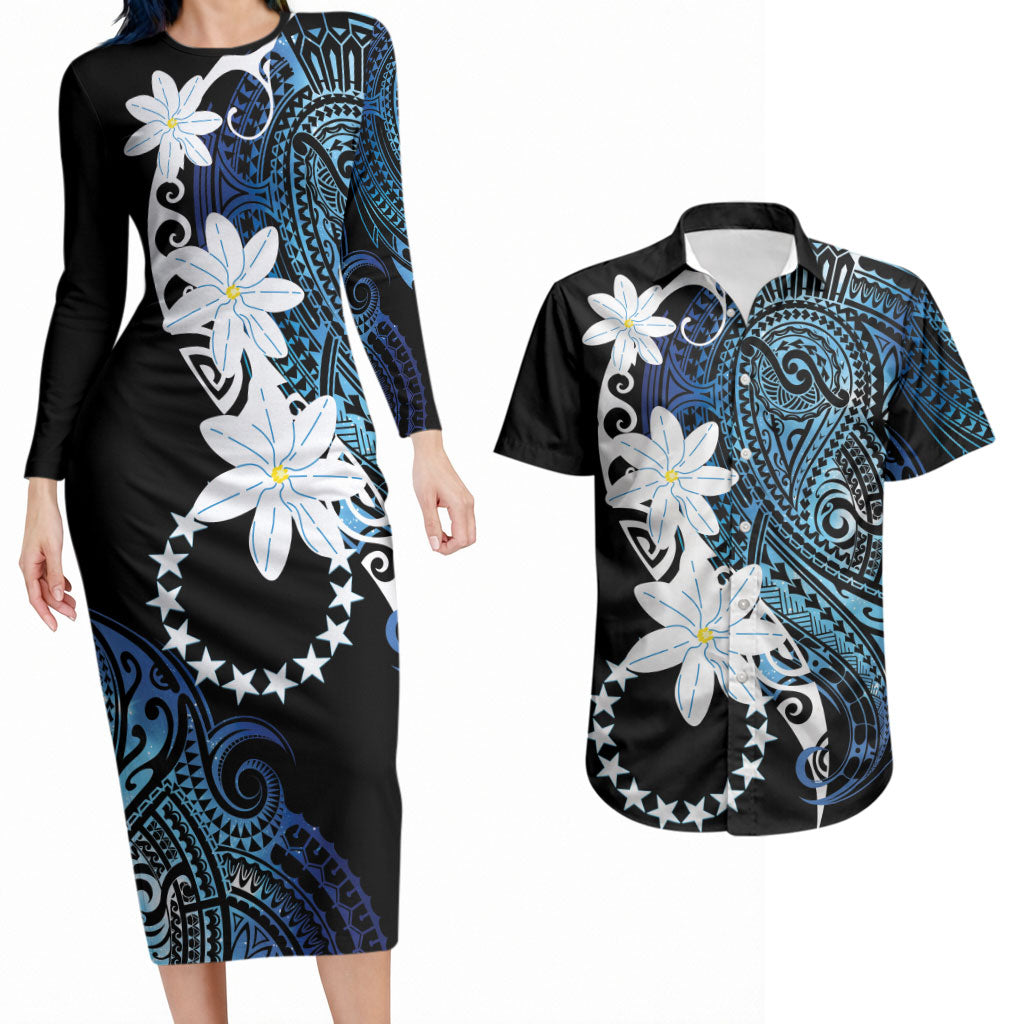 Cook Islands Maori Language Week Couples Matching Long Sleeve Bodycon Dress and Hawaiian Shirt Tiare Maori Kuki Airani Blue Pattern