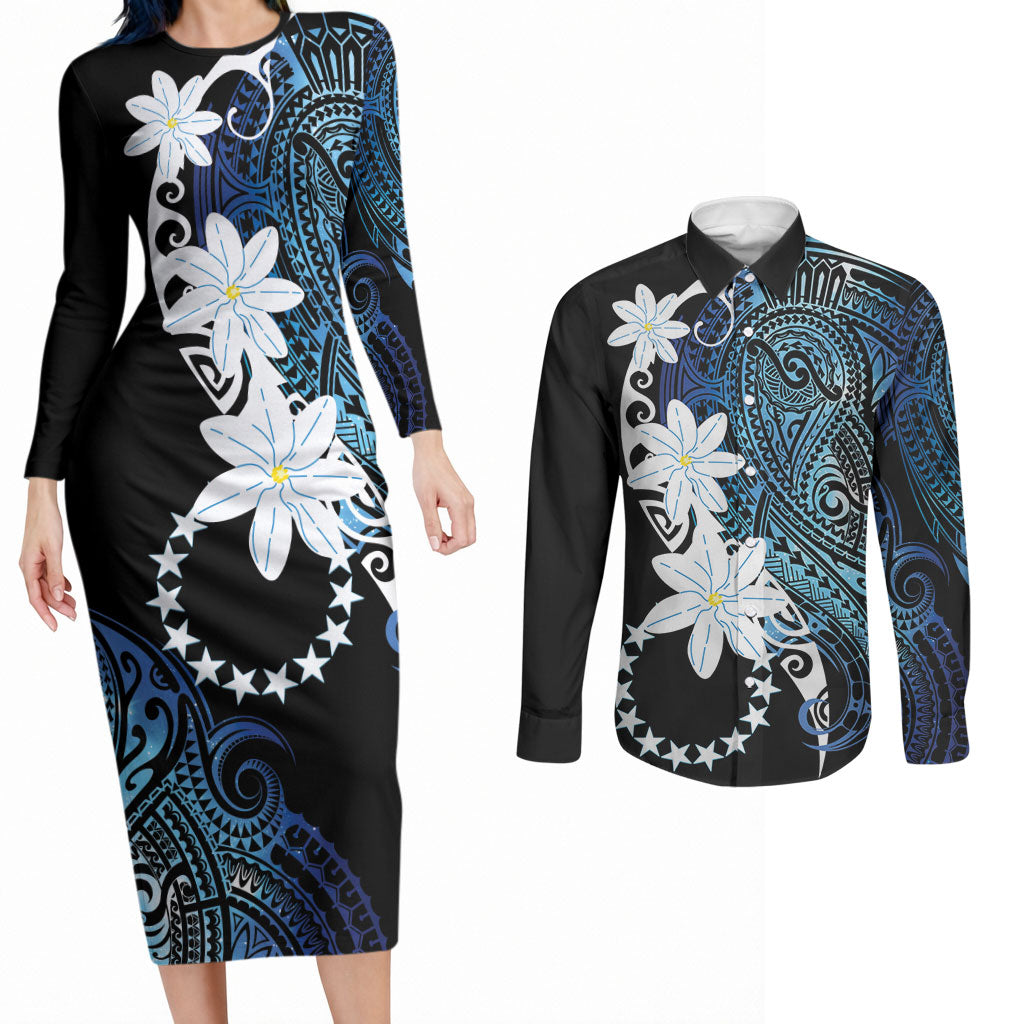 Cook Islands Maori Language Week Couples Matching Long Sleeve Bodycon Dress and Long Sleeve Button Shirt Tiare Maori Kuki Airani Blue Pattern