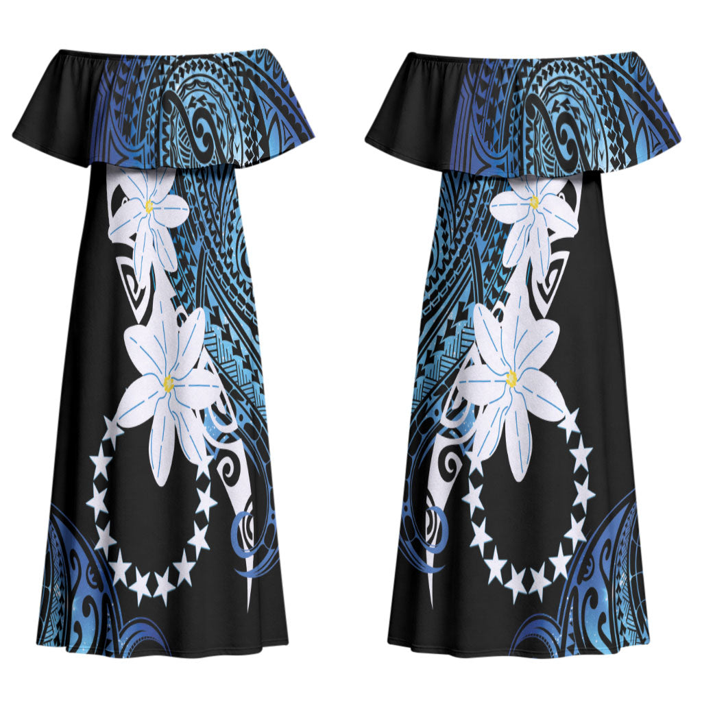 Cook Islands Maori Language Week Couples Matching Off Shoulder Maxi Dress and Hawaiian Shirt Tiare Maori Kuki Airani Blue Pattern
