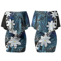 Cook Islands Maori Language Week Couples Matching Off Shoulder Short Dress and Hawaiian Shirt Tiare Maori Kuki Airani Blue Pattern