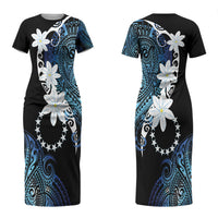 Cook Islands Maori Language Week Couples Matching Short Sleeve Bodycon Dress and Hawaiian Shirt Tiare Maori Kuki Airani Blue Pattern