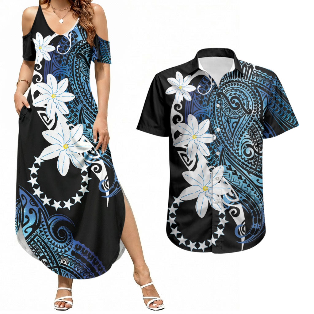 Cook Islands Maori Language Week Couples Matching Summer Maxi Dress and Hawaiian Shirt Tiare Maori Kuki Airani Blue Pattern