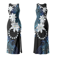 Cook Islands Maori Language Week Couples Matching Tank Maxi Dress and Long Sleeve Button Shirt Tiare Maori Kuki Airani Blue Pattern