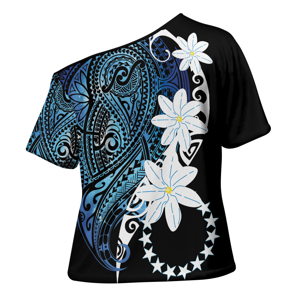 Cook Islands Maori Language Week Cross Shoulder Shirt Tiare Maori Kuki Airani Blue Pattern