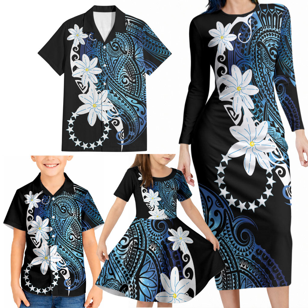 Cook Islands Maori Language Week Family Matching Long Sleeve Bodycon Dress and Hawaiian Shirt Tiare Maori Kuki Airani Blue Pattern