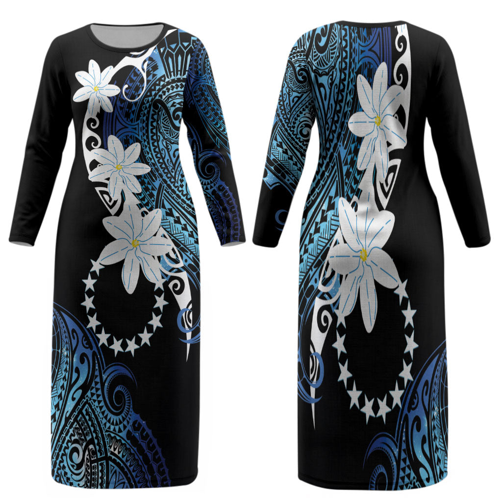 Cook Islands Maori Language Week Family Matching Long Sleeve Bodycon Dress and Hawaiian Shirt Tiare Maori Kuki Airani Blue Pattern