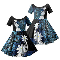Cook Islands Maori Language Week Family Matching Short Sleeve Bodycon Dress and Hawaiian Shirt Tiare Maori Kuki Airani Blue Pattern