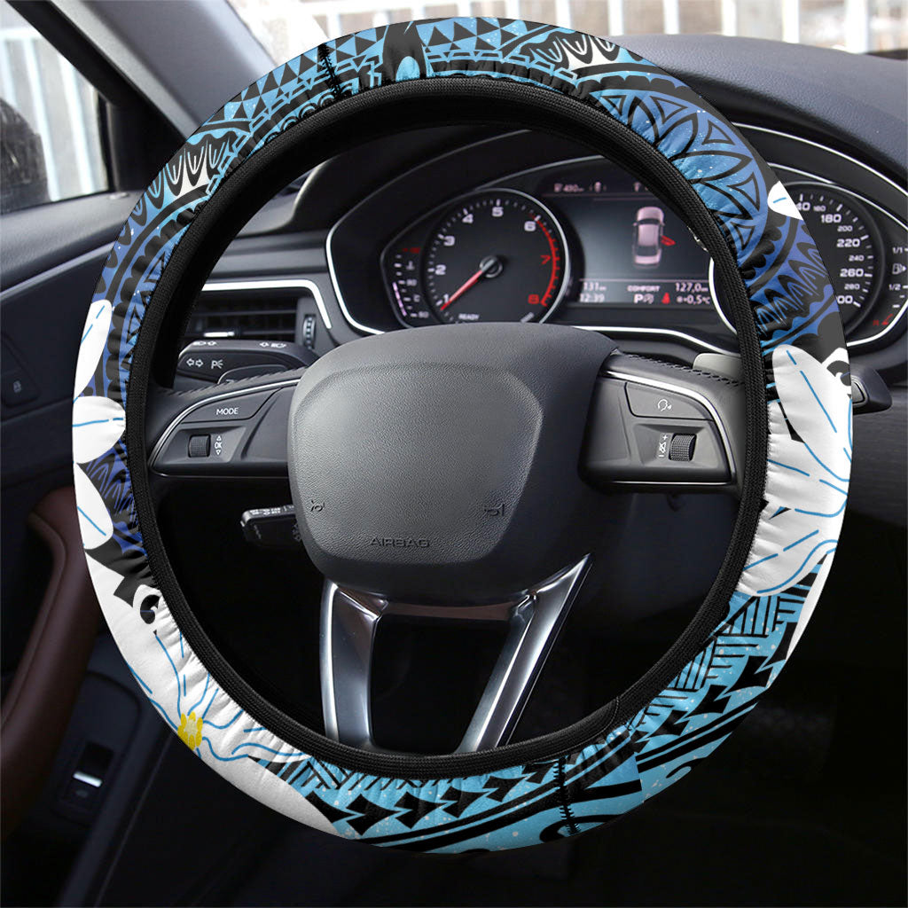 Cook Islands Maori Language Week Steering Wheel Cover Tiare Maori Kuki Airani Blue Pattern