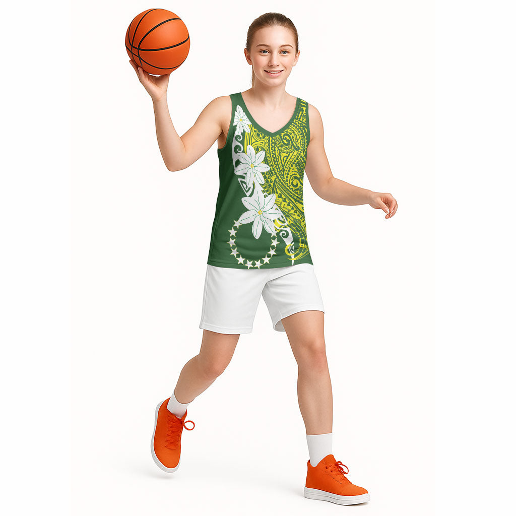 Cook Islands Maori Language Week Basketball Jersey Tiare Maori Kuki Airani Green Pattern