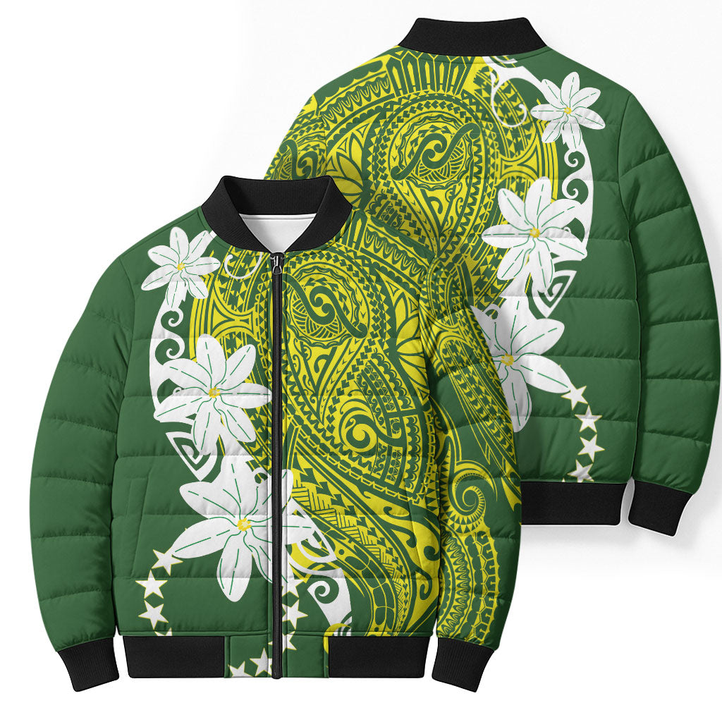 Cook Islands Maori Language Week Bomber Puffer Jacket Tiare Maori Kuki Airani Green Pattern