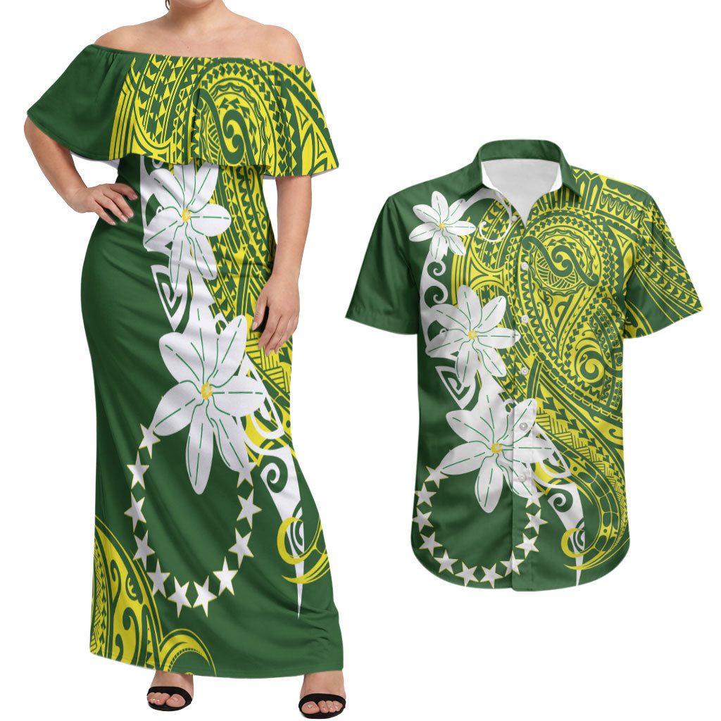 Cook Islands Maori Language Week Couples Matching Off Shoulder Maxi Dress and Hawaiian Shirt Tiare Maori Kuki Airani Green Pattern