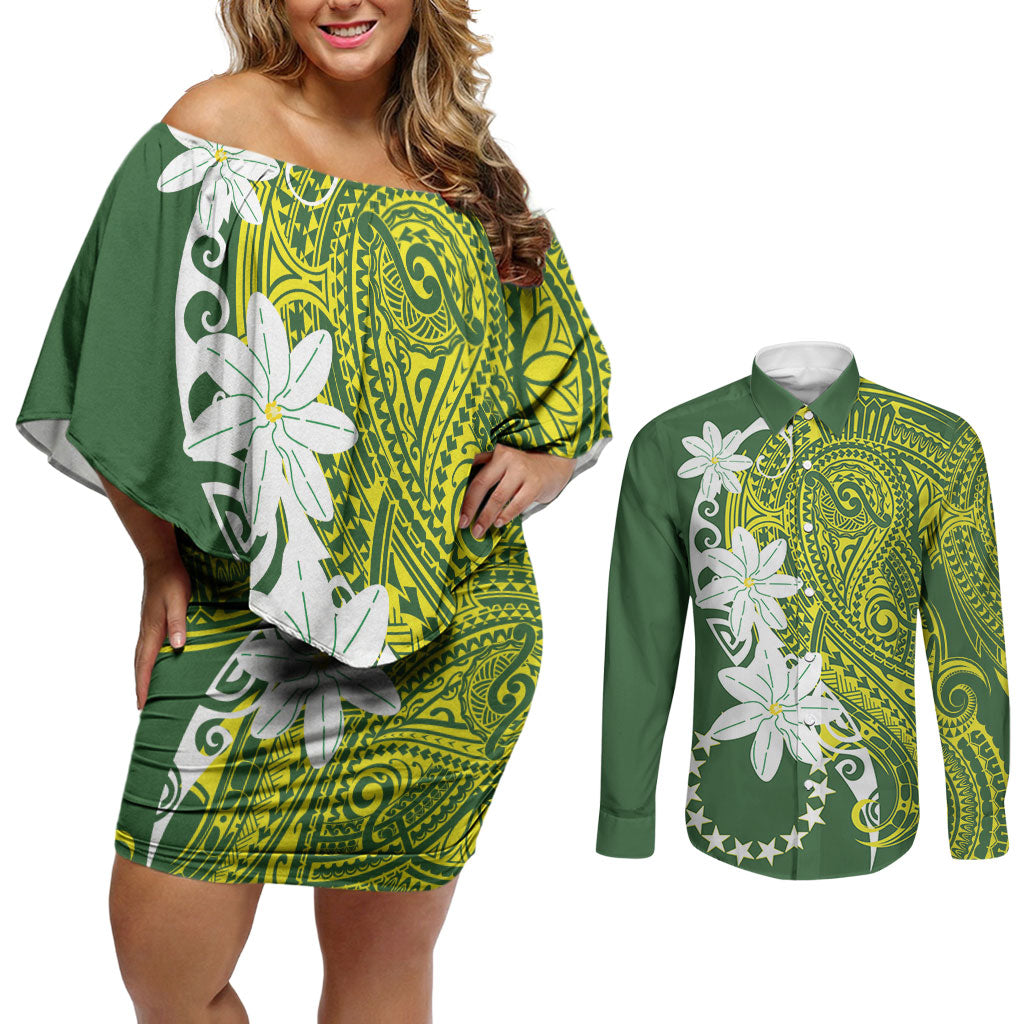 Cook Islands Maori Language Week Couples Matching Off Shoulder Short Dress and Long Sleeve Button Shirt Tiare Maori Kuki Airani Green Pattern