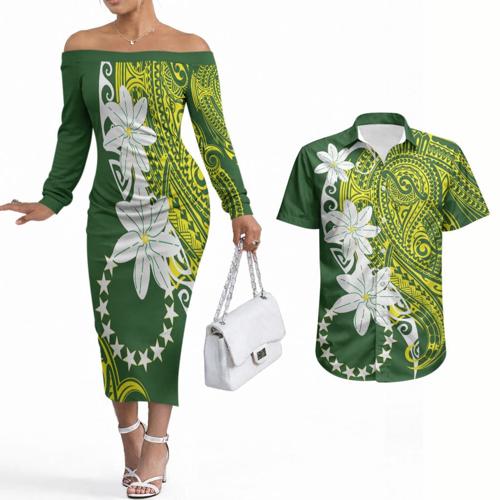 Cook Islands Maori Language Week Couples Matching Off The Shoulder Long Sleeve Dress and Hawaiian Shirt Tiare Maori Kuki Airani Green Pattern