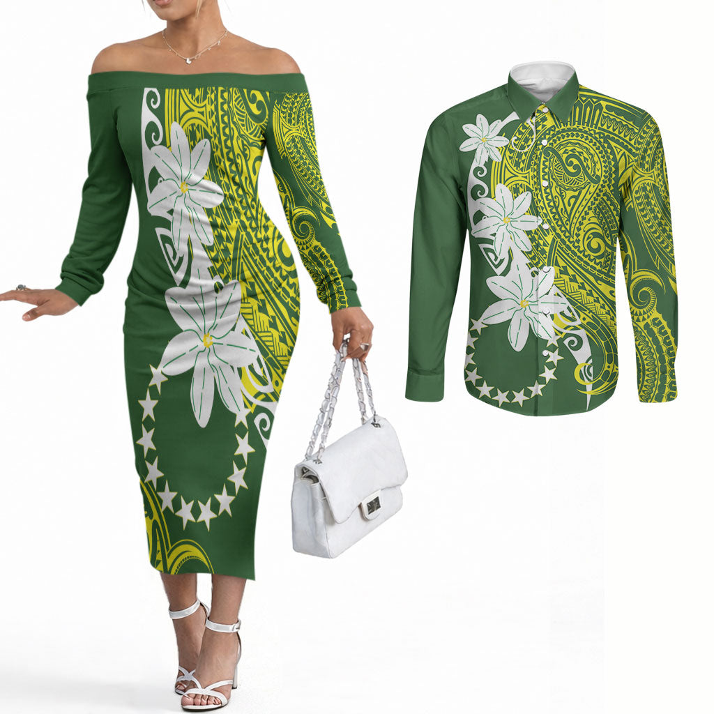 Cook Islands Maori Language Week Couples Matching Off The Shoulder Long Sleeve Dress and Long Sleeve Button Shirt Tiare Maori Kuki Airani Green Pattern
