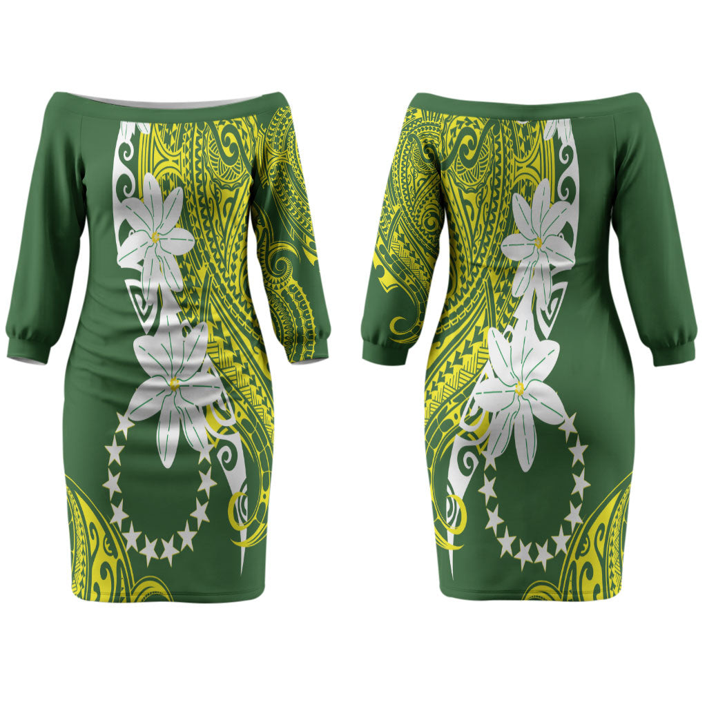 Cook Islands Maori Language Week Couples Matching Off The Shoulder Long Sleeve Dress and Long Sleeve Button Shirt Tiare Maori Kuki Airani Green Pattern