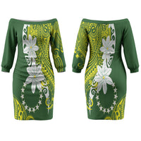 Cook Islands Maori Language Week Couples Matching Off The Shoulder Long Sleeve Dress and Long Sleeve Button Shirt Tiare Maori Kuki Airani Green Pattern
