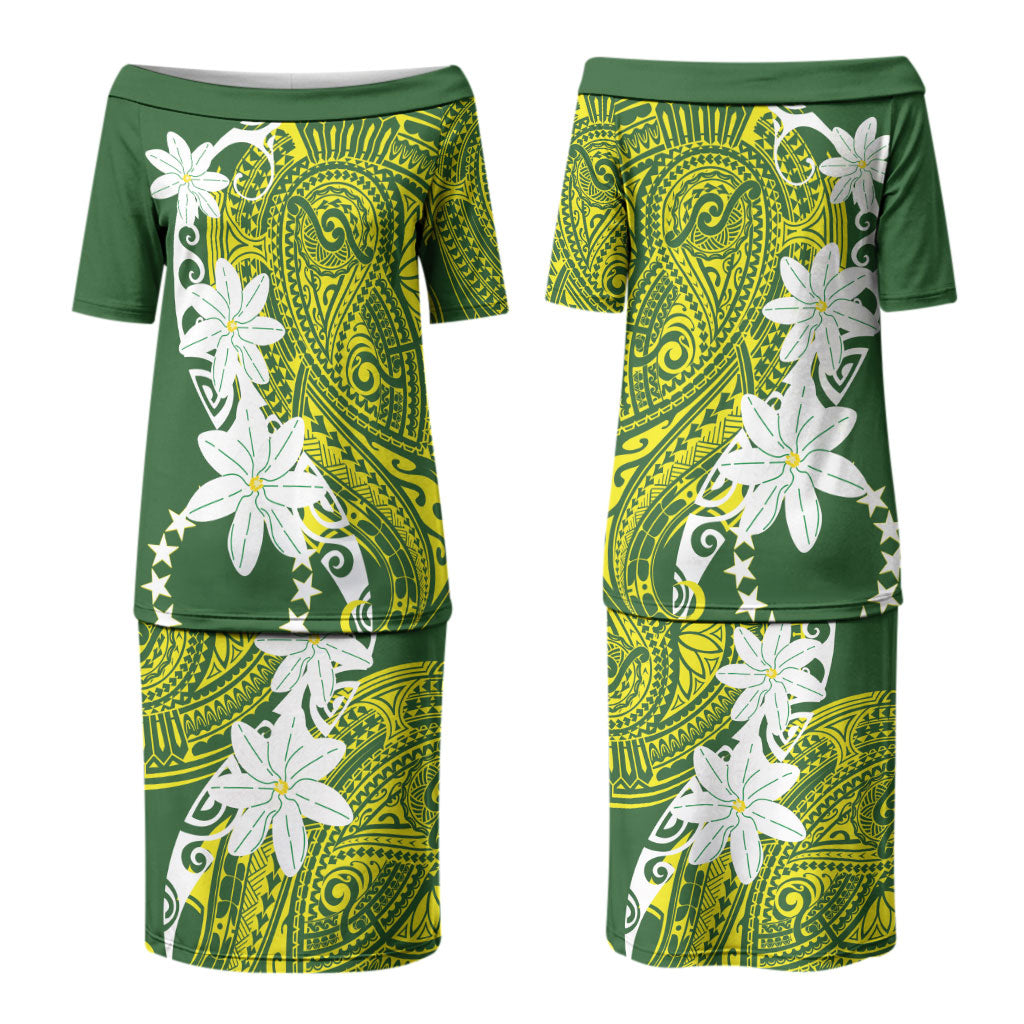 Cook Islands Maori Language Week Couples Matching Puletasi and Long Sleeve Button Shirt Tiare Maori Kuki Airani Green Pattern