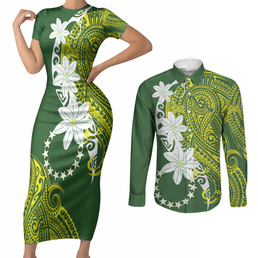 Cook Islands Maori Language Week Couples Matching Short Sleeve Bodycon Dress and Long Sleeve Button Shirt Tiare Maori Kuki Airani Green Pattern
