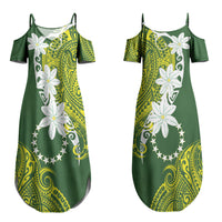 Cook Islands Maori Language Week Couples Matching Summer Maxi Dress and Long Sleeve Button Shirt Tiare Maori Kuki Airani Green Pattern